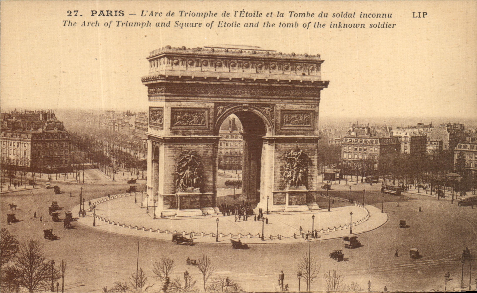 POSTAL Paris L de la VENDIMIA Arc de Triomphe de L escuela y la tumba del soldado desconocido