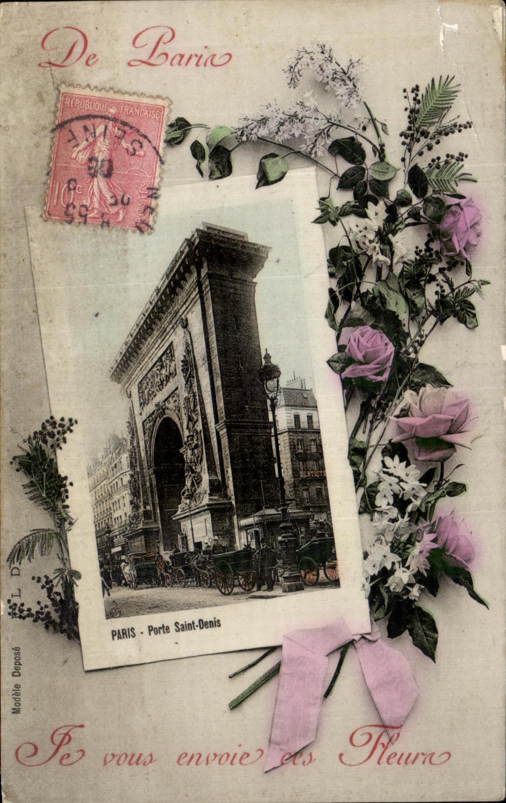 VINTAGE POSTCARD Of Paris I send Flowers to you Carries Holy Denis