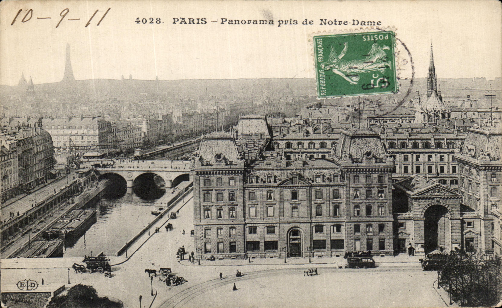 Panorama de Paris de la POSTAL de la VENDIMIA tomado de Notre Dame