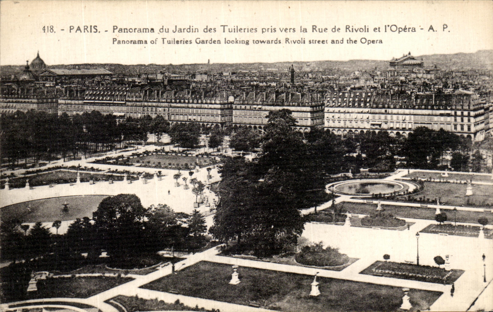 VINTAGE POSTCARD Paris Panorama of the Garden of the Tileries taken towards the Street of Rivoli and L Operated