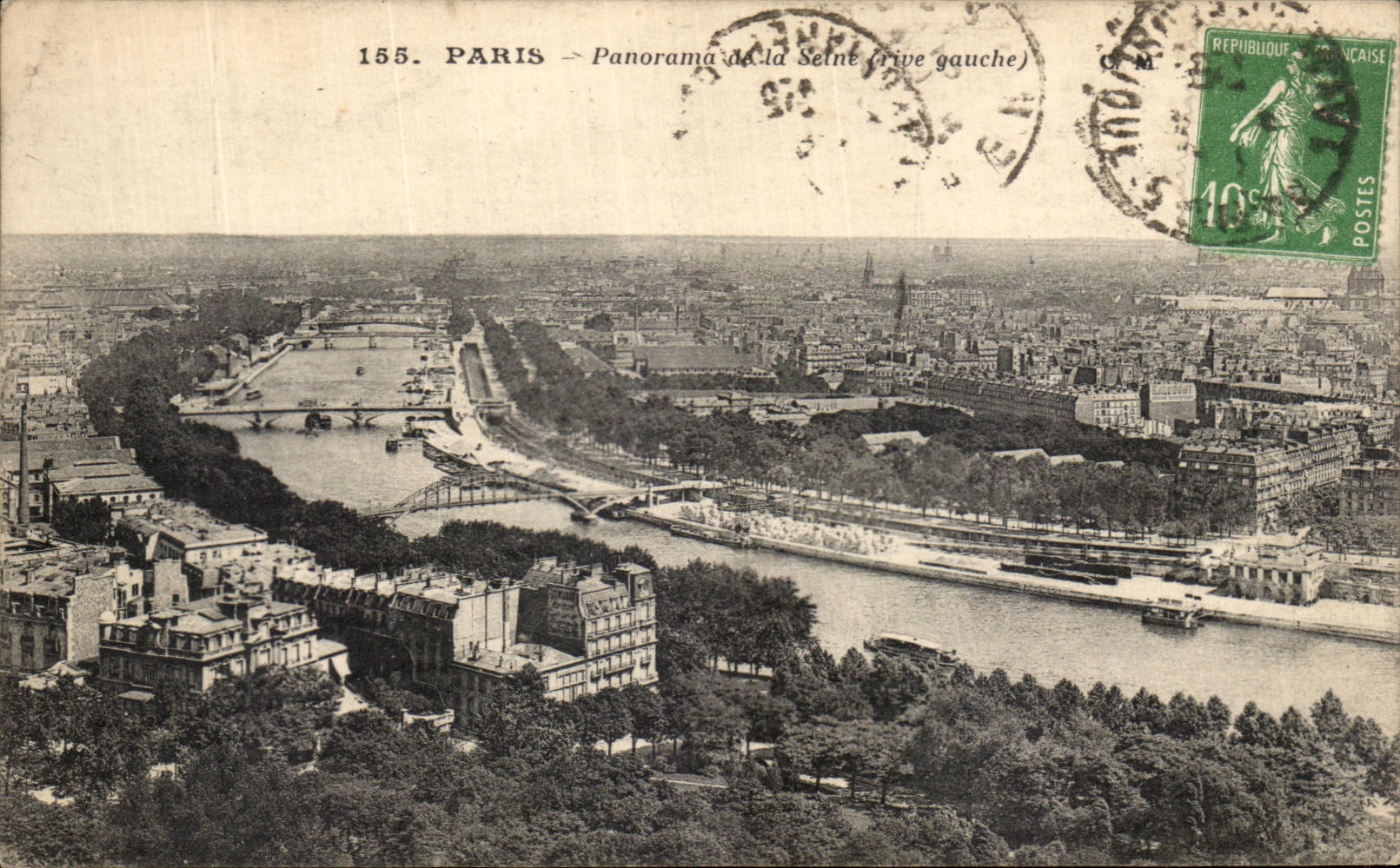 Panorama de Paris de la POSTAL de la VENDIMIA del banco izquierdo de Seine