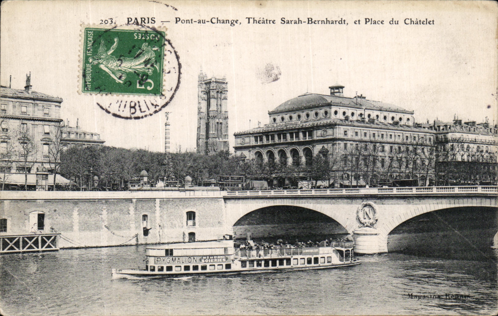VINTAGE POSTCARD Paris Bridge with the Exchange Theater Sarah Bernhardt and Place of Chatelet