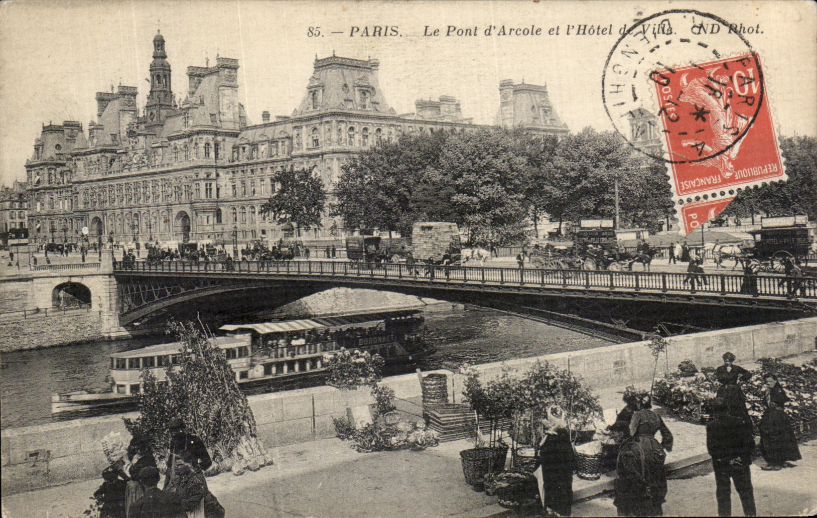 VINTAGE POSTCARD Paris the Bridge D Arcole and L Town hall Goes to the flowers
