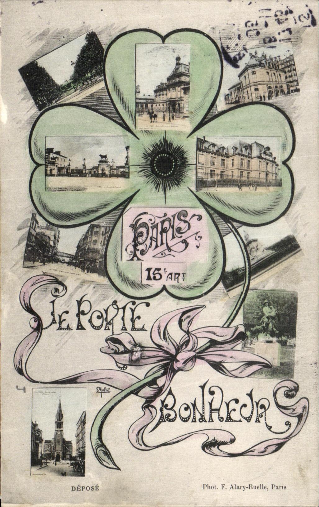 POSTAL Paris de la VENDIMIA el trebol de la felicidad de la puerta
