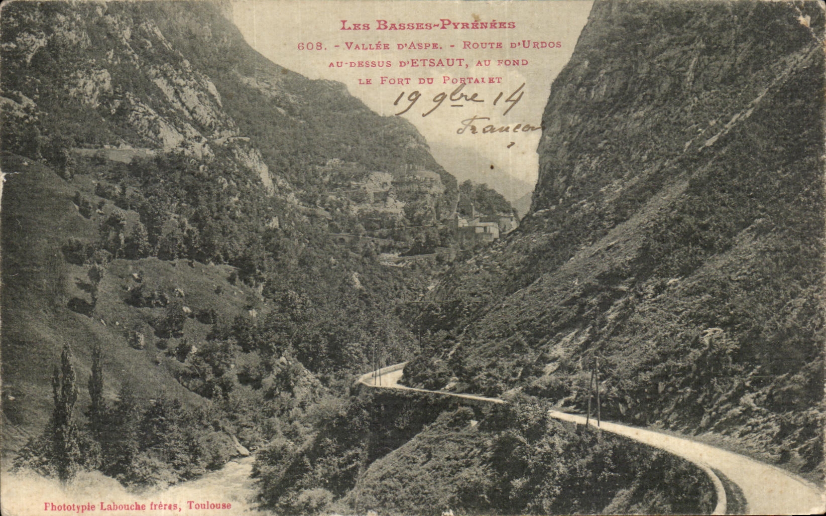 POSTAL de la VENDIMIA los urdos bajos D Etsaut del camino D de la devanadera del valle D de Pyrenees en Yond Fort de Portalet