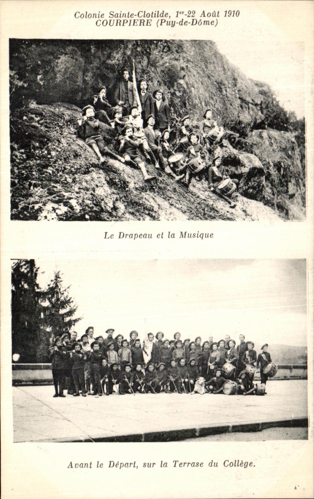 VINTAGE POSTCARD Colnie Sainte Clotilde Courpiere Before the departure on laterrasse Efnants college the flag and the music