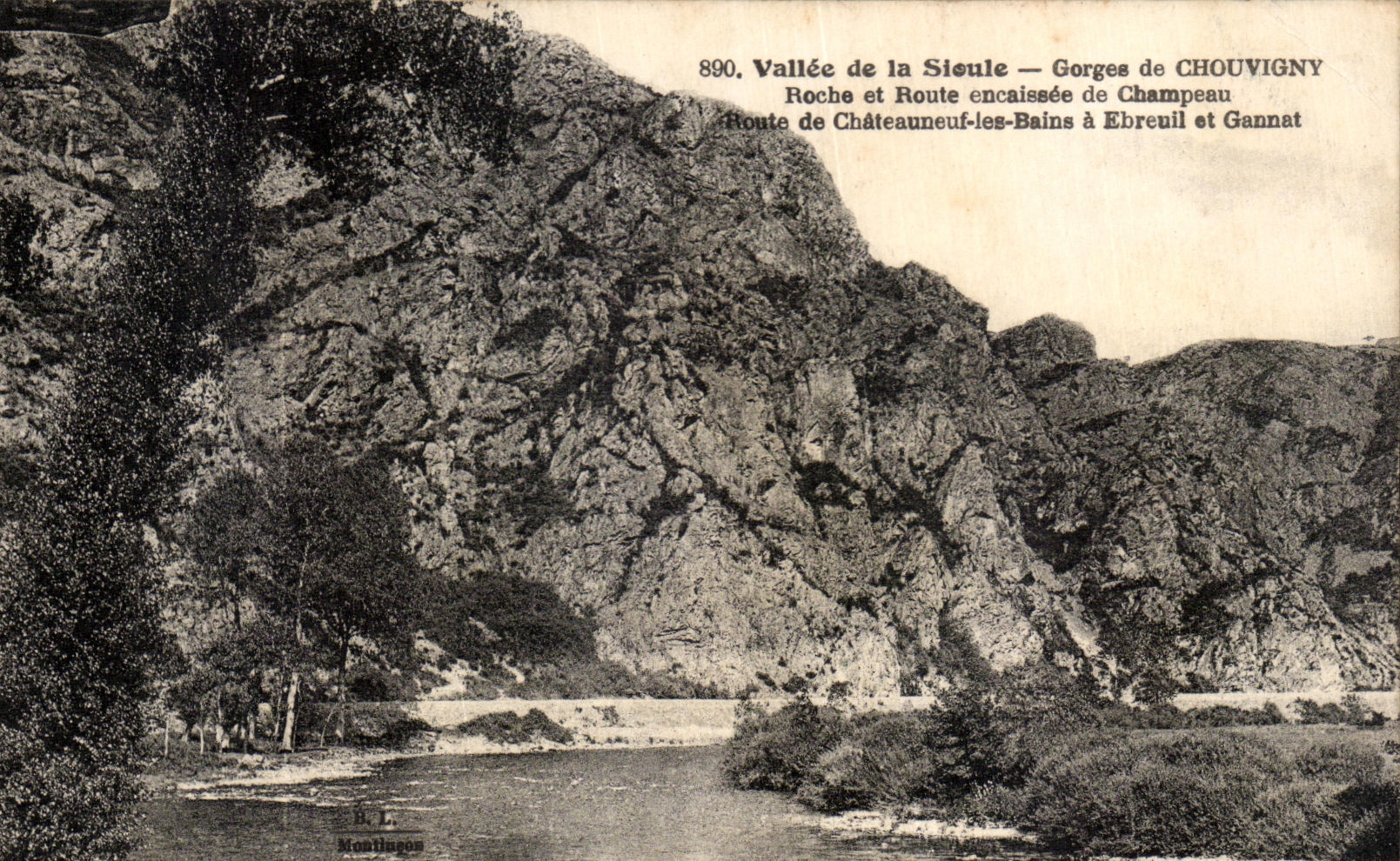 VINTAGE POSTCARD Valley of Sioule Falls De Chouvigny Rock and rote encaissee of Champeau