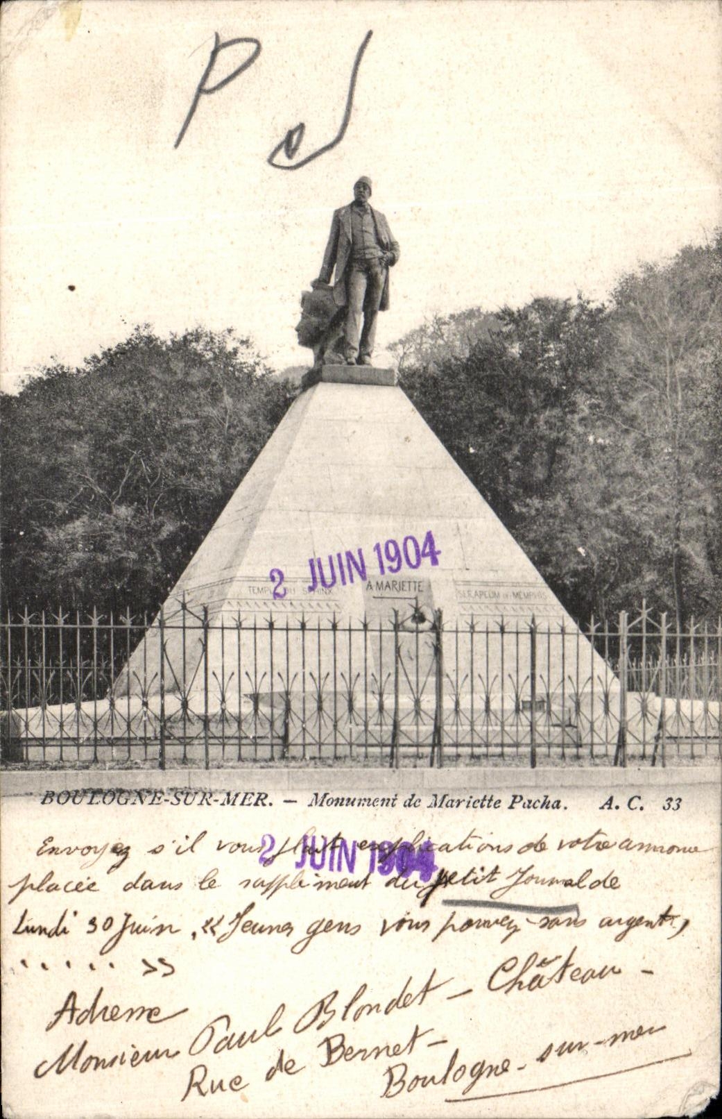 VINTAGE POSTCARD Boulogne On Sea Monument of Mariette Pasha