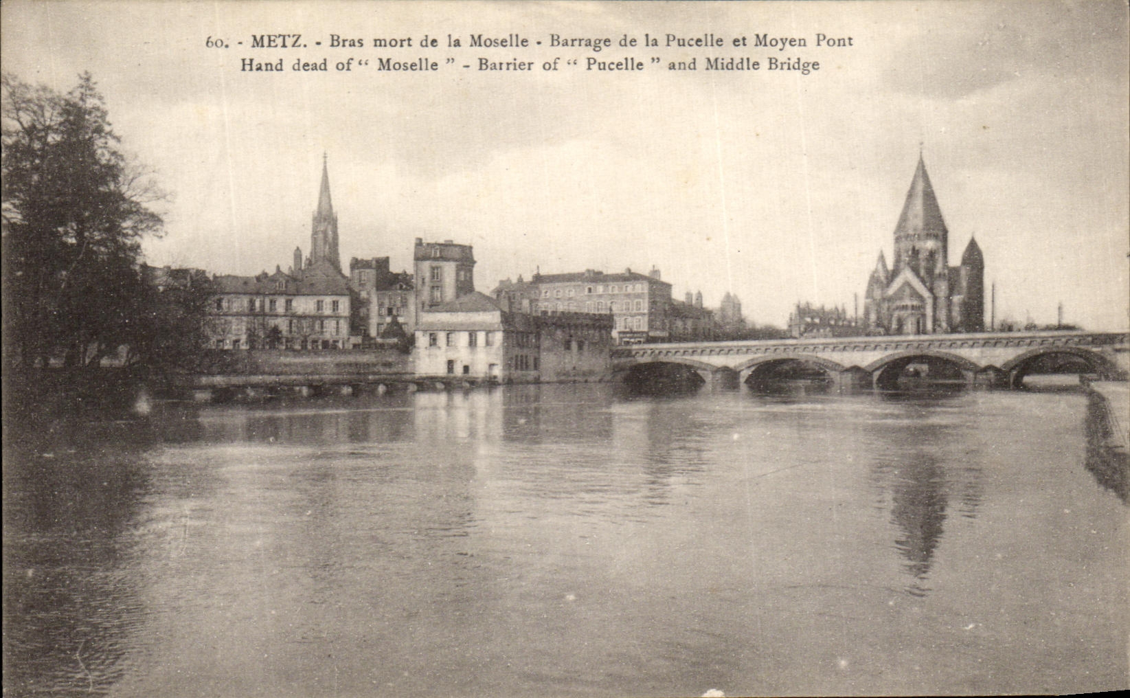 Brazo muerto de Metz de la POSTAL de la VENDIMIA de la detencion de Mosela de la Virgen y del puente medio