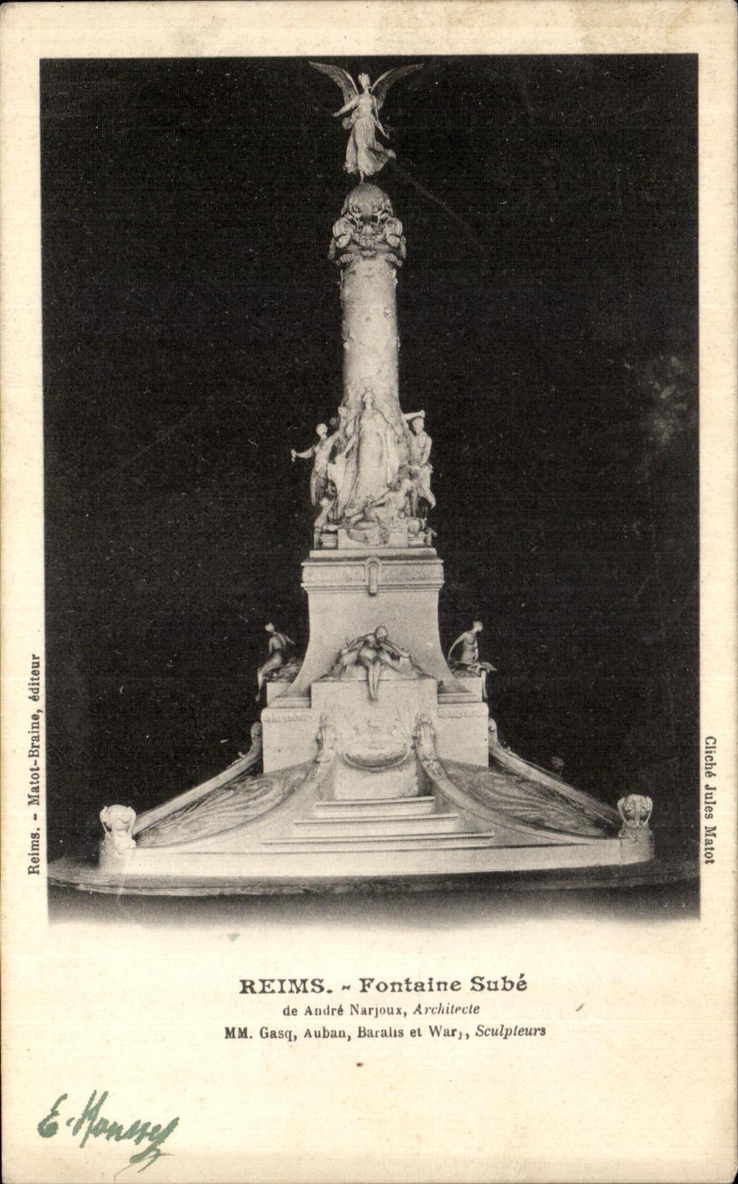 VINTAGE POSTCARD Rheims Sube Fountain