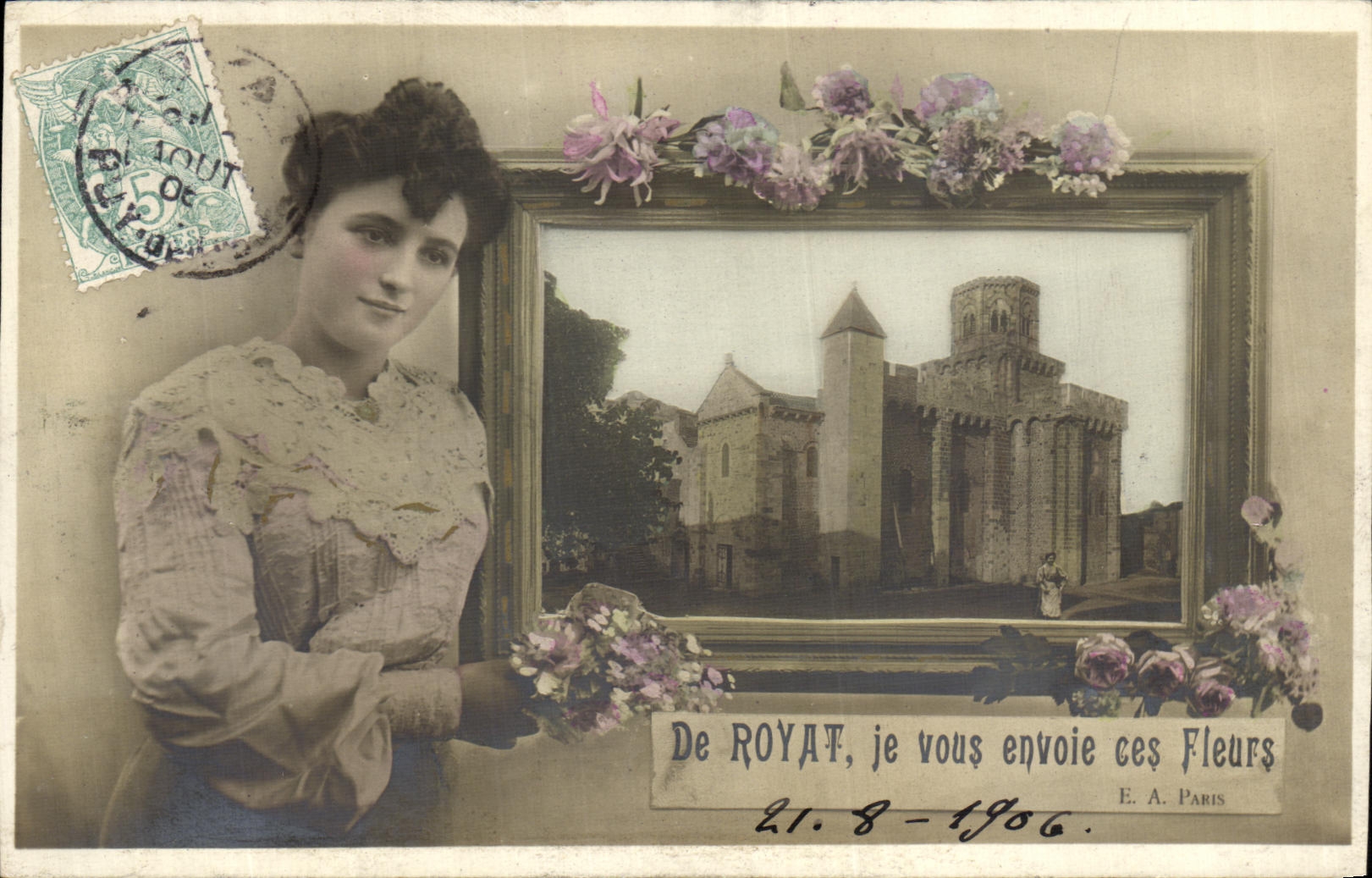 VINTAGE POSTCARD De Royat I Send his Flowers Woman to You