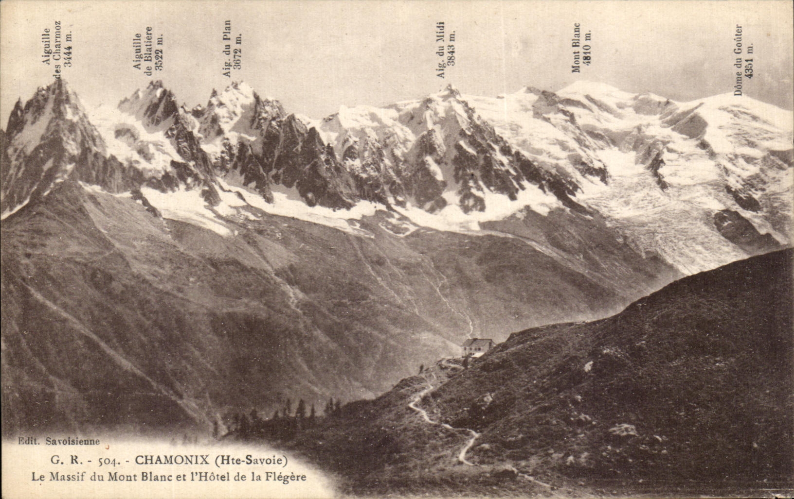 VINTAGE POSTCARD Chamonix Mont Blanc solid mass of Mont Blanc and L hotel of Flegere