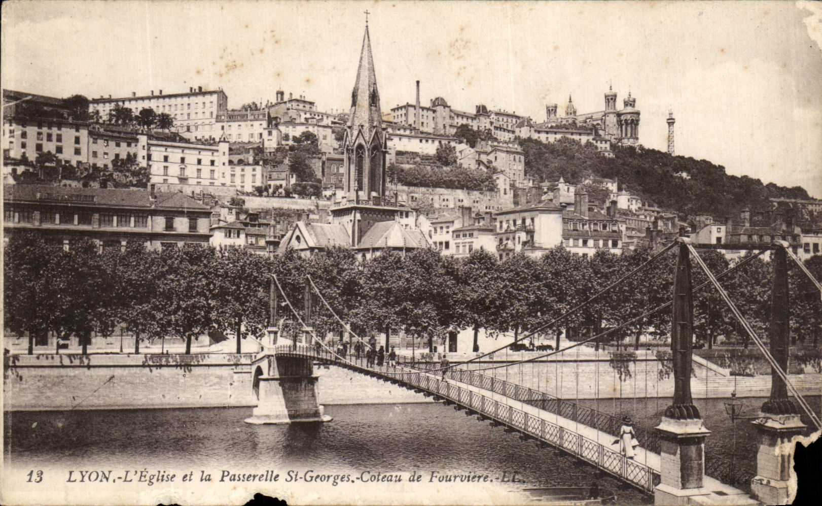 VINTAGE POSTCARD Lyon L Church And the Footbridge St Georges Slope De Fourviere