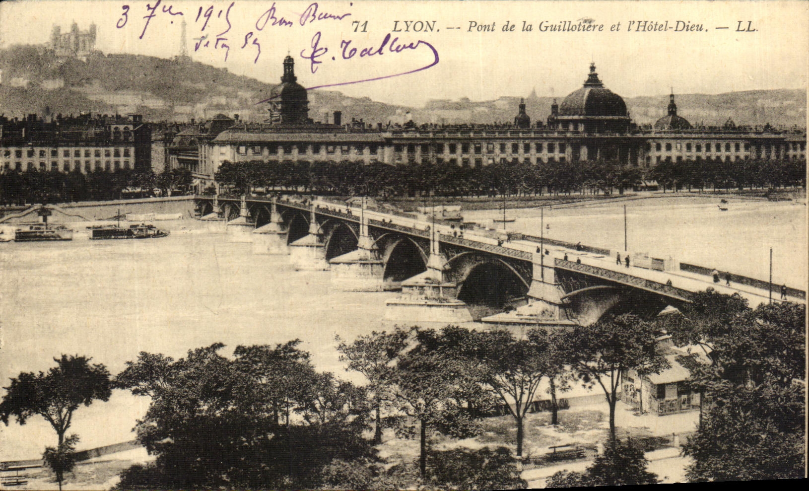 VINTAGE POSTCARD Lyon Bridge of Guillotiere and L Hotel God