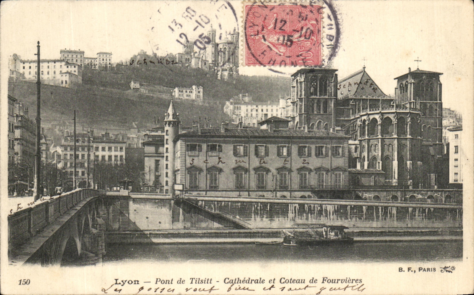 VINTAGE POSTCARD Lyon Bridge of Tilsitt Cathedral and Coteau De Fourvieres
