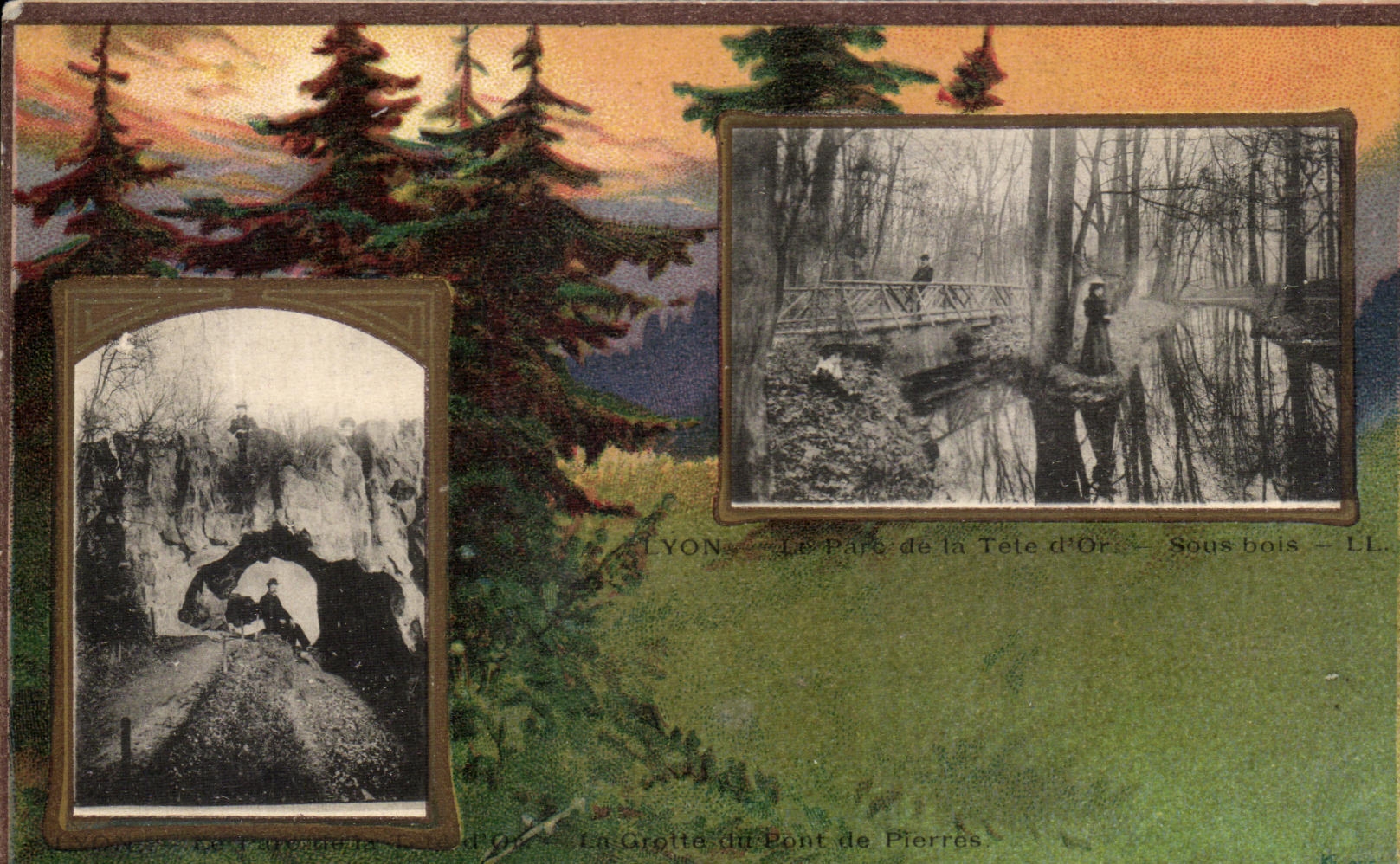 VINTAGE POSTCARD Lyon the Park of the Head And L Gold Under wood the grotet of the stone bridge