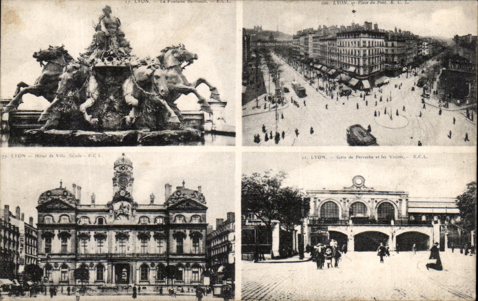 VINTAGE POSTCARD Lyon Fontaine Bartholdi Places bridge Town hall Gare perrache and the vaults