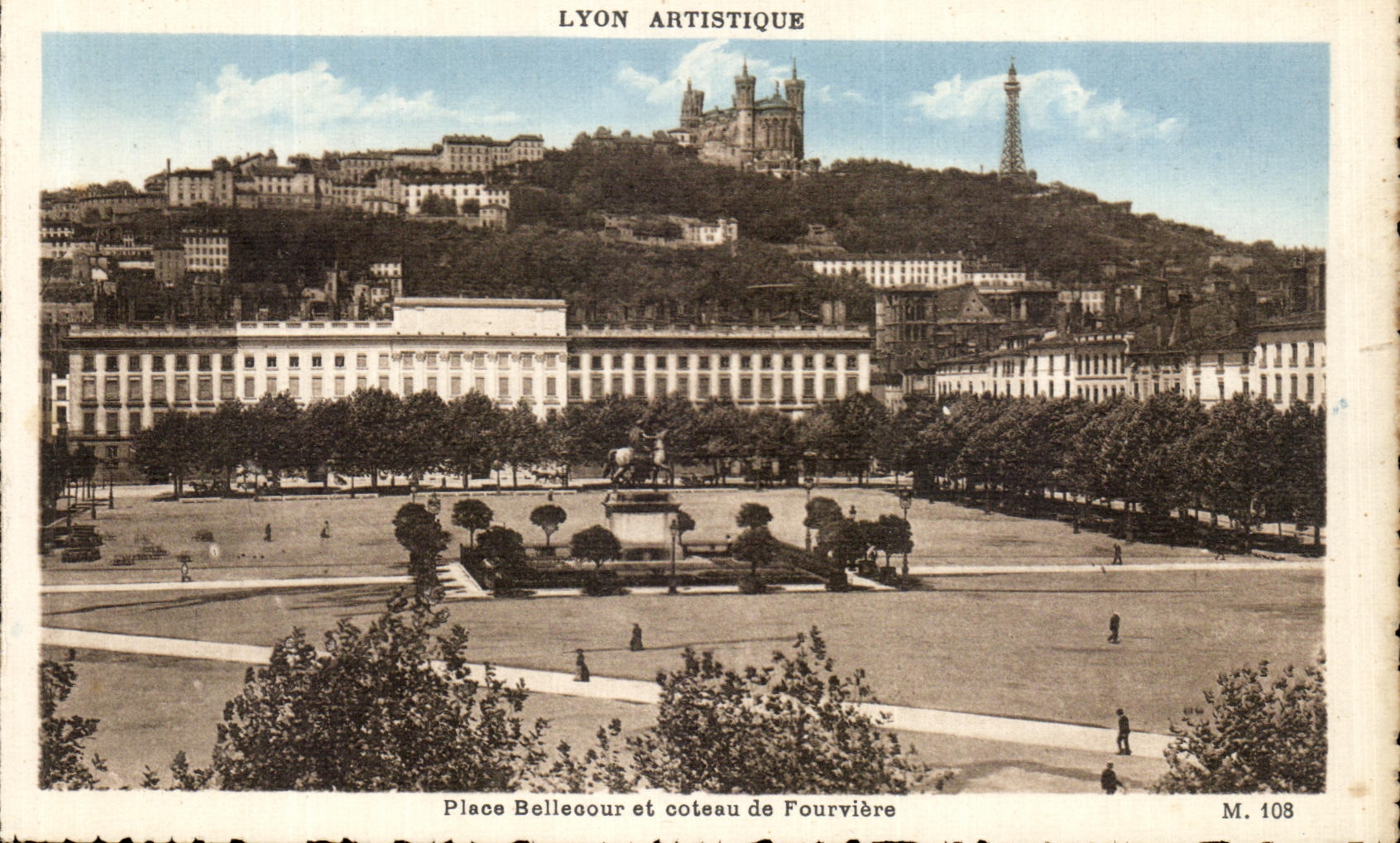 VINTAGE POSTCARD Lyon Artistque Places Bellecour and Coteau De Fourviere