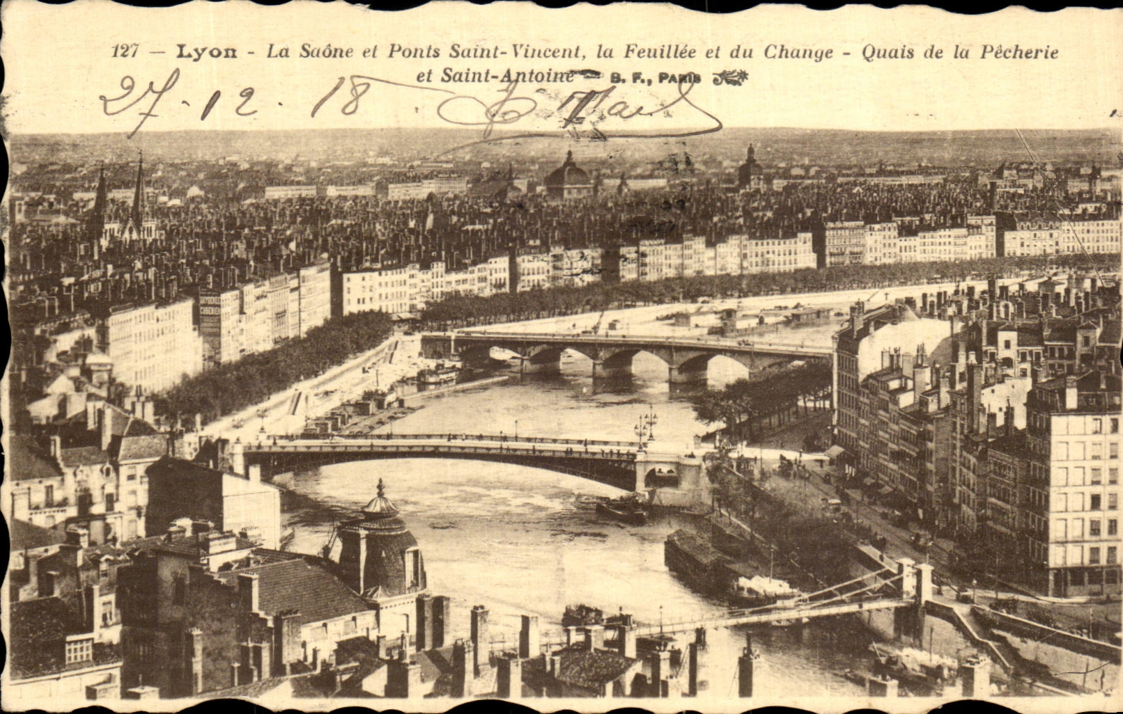 VINTAGE POSTCARD Lyon the Saone and Ponts Vincent Saint Feuillee and of the exchange Quays of the Fisheries and Holy Antoine