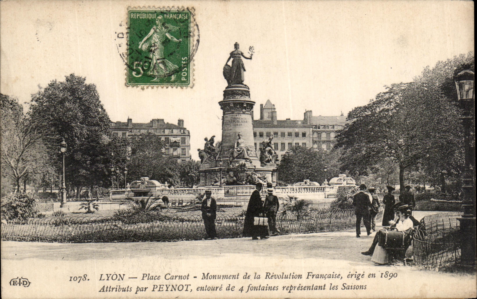 VINTAGE POSTCARD Lyon Place Carnot Monument of the French Revolution sets up in 1890