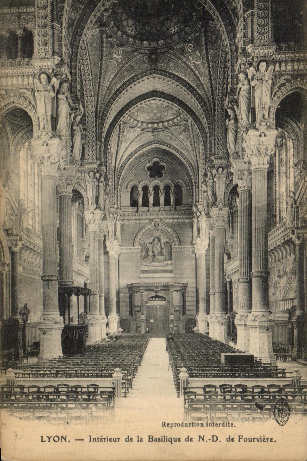 VINTAGE POSTCARD Interior Lyon of the Basilica of Fourviere
