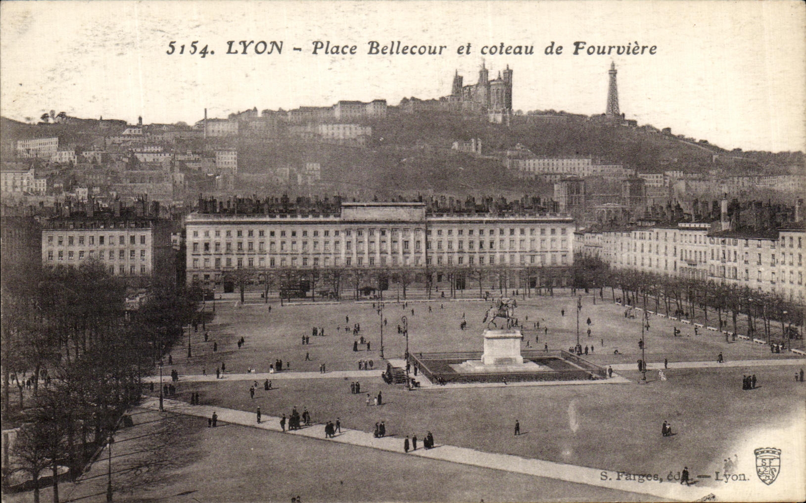VINTAGE POSTCARD Lyon Places Bellecour and Coteau of Fourviere