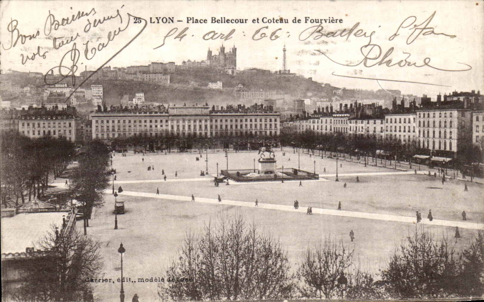 VINTAGE POSTCARD Lyon Places Bellecour and Coteau of Fourviere