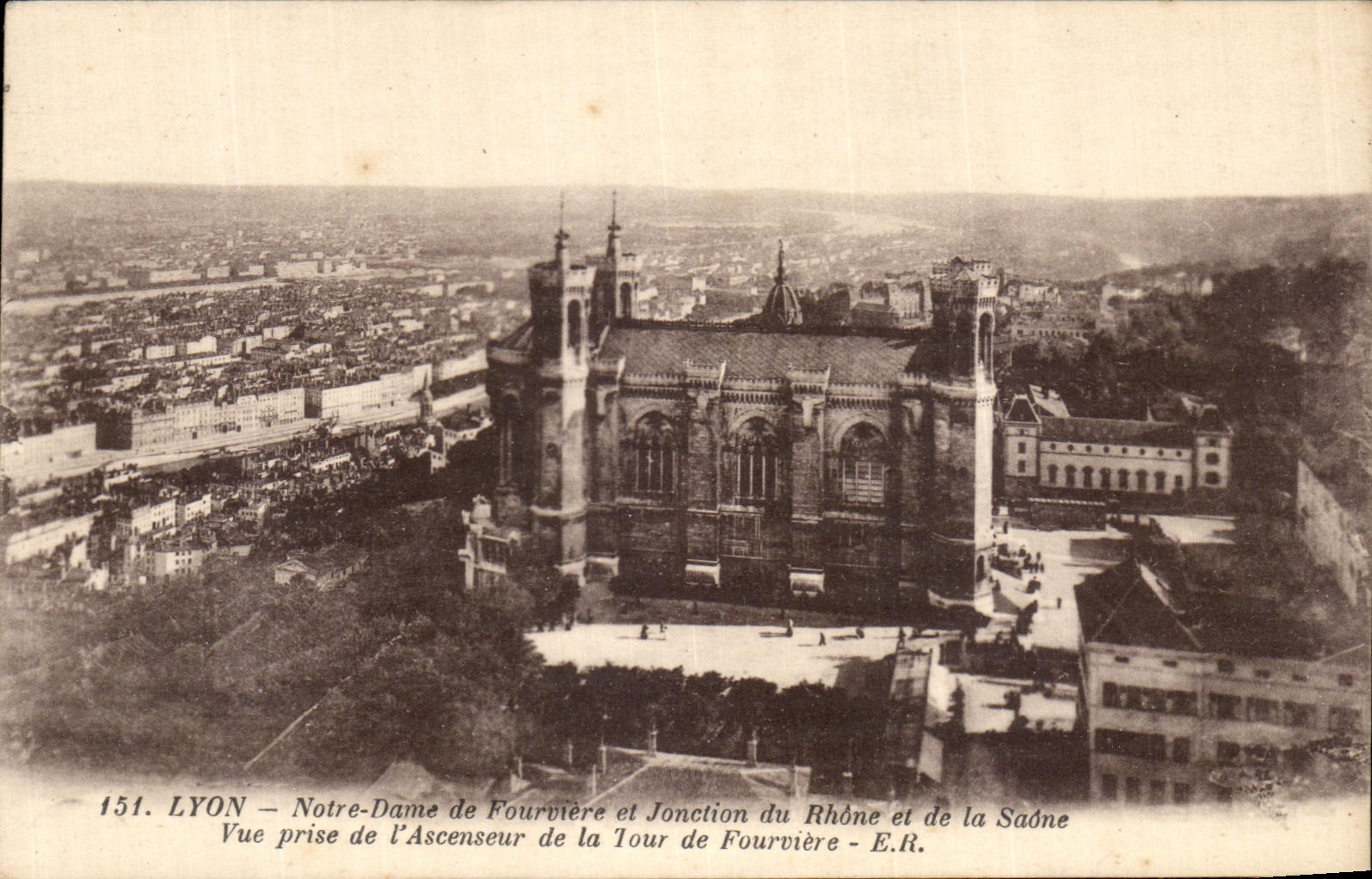VINTAGE POSTCARD Lyon Notre Dame de Fourviere and Jonction Of the Rhone and the Saone Seen from of L elevator of the tower of Fourviere