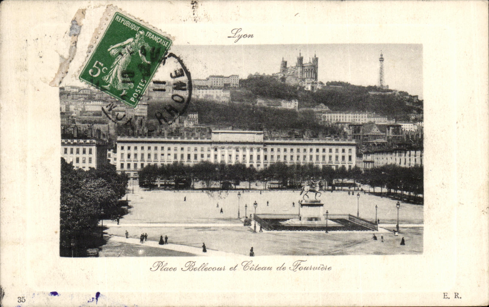 VINTAGE POSTCARD Lyon Places Bellecour and slope of Fourviere