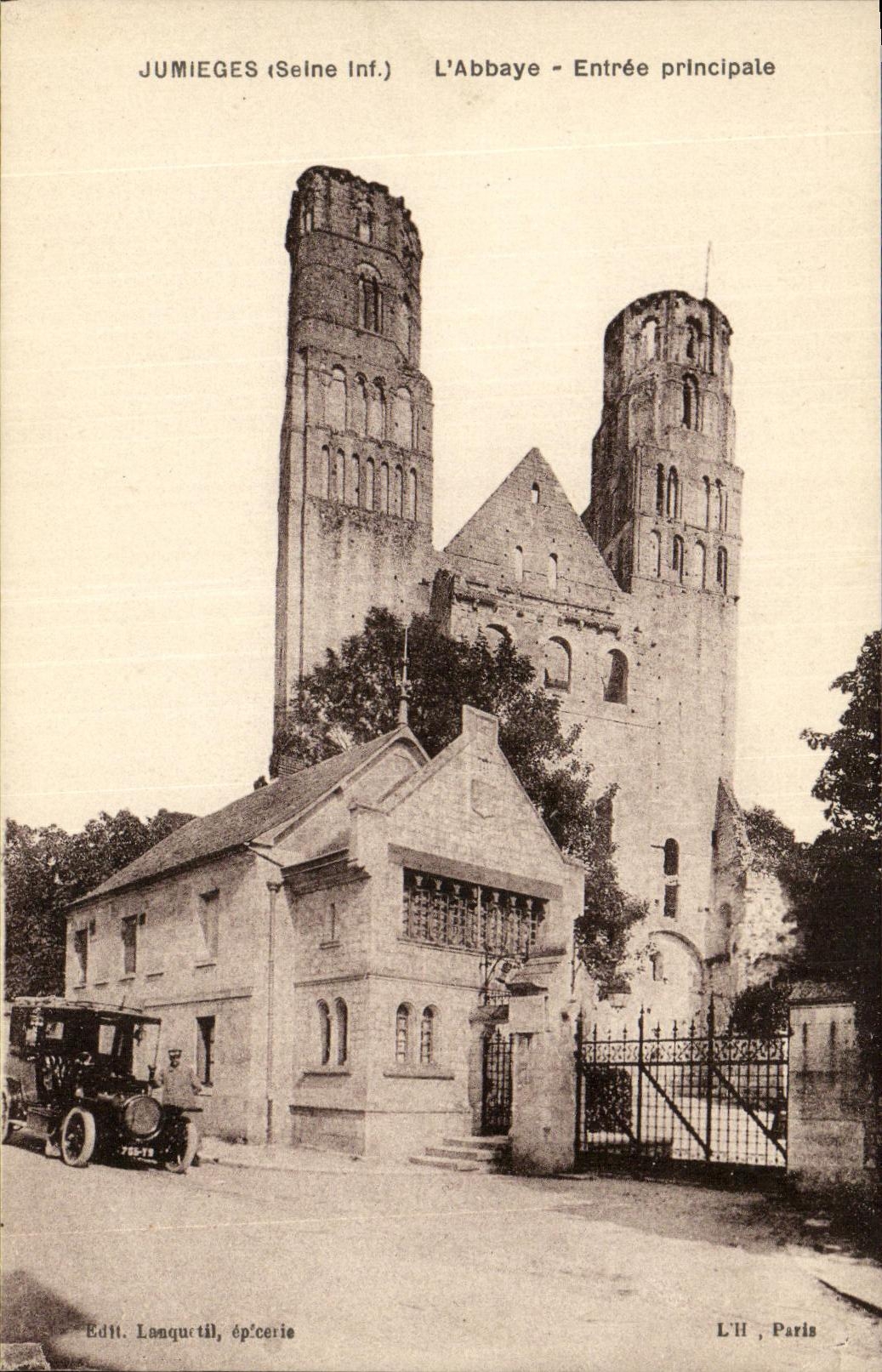 VINTAGE POSTCARD Jumieges Automobile Main entrance Abbey