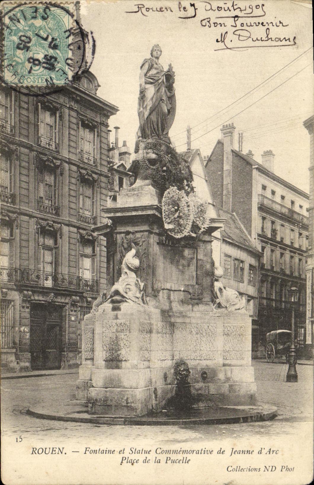 VINTAGE POSTCARD Rouen Fountain And Statue Commemorative of Jeanne D Arc Place of the virgin