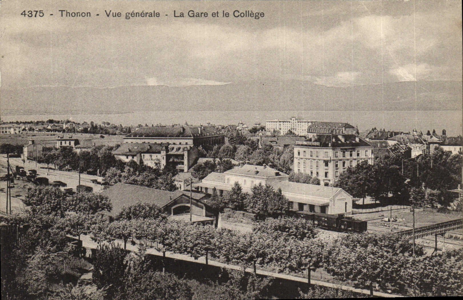 VINTAGE POSTCARD Thonon View Train station and the College Train