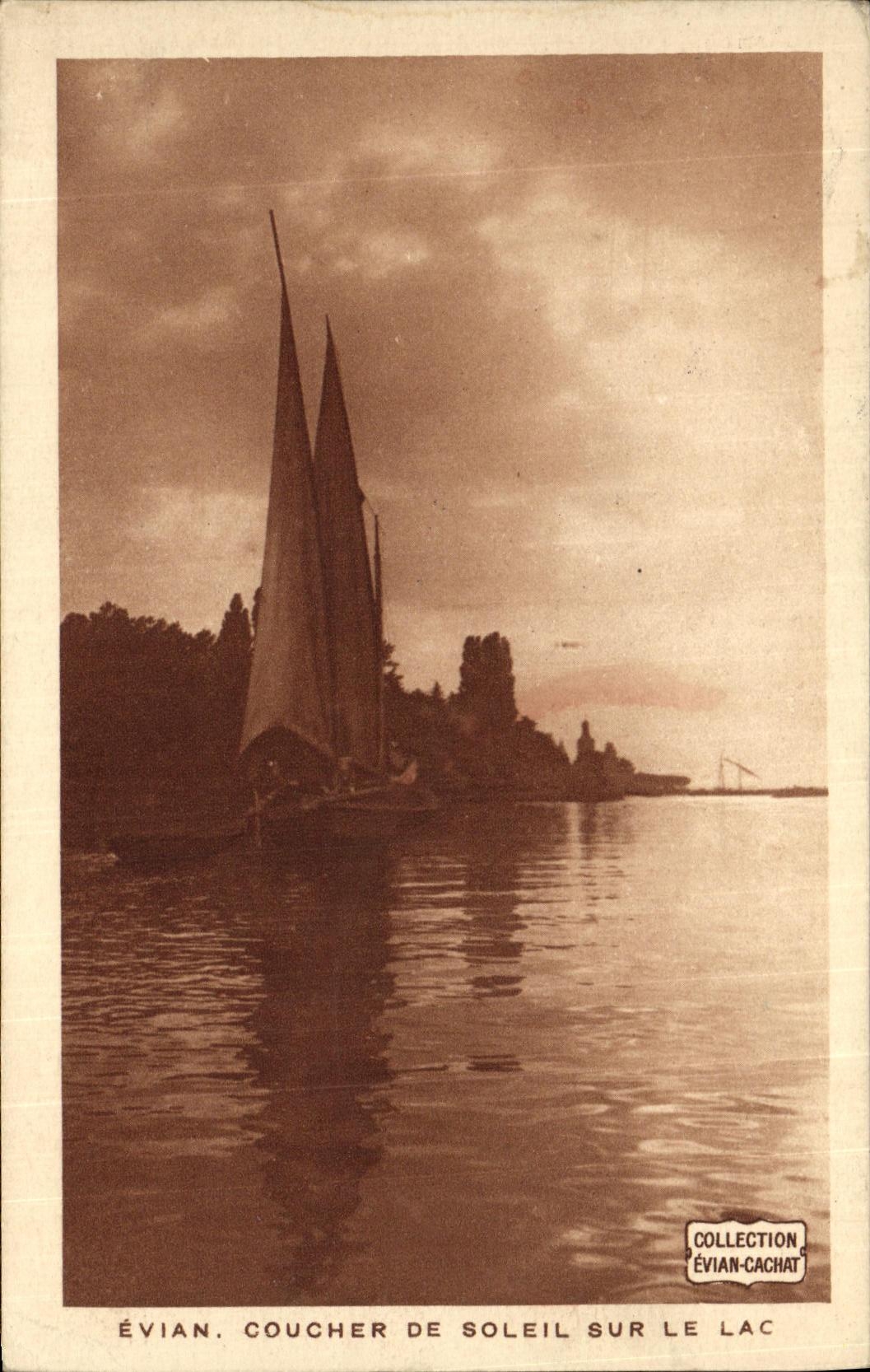 VINTAGE POSTCARD Evian Sunset On the Lake Boat