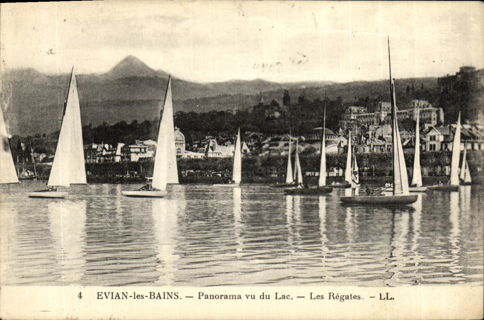 VINTAGE POSTCARD Evian Les Bains Panorama Seen of the Lake Regattas