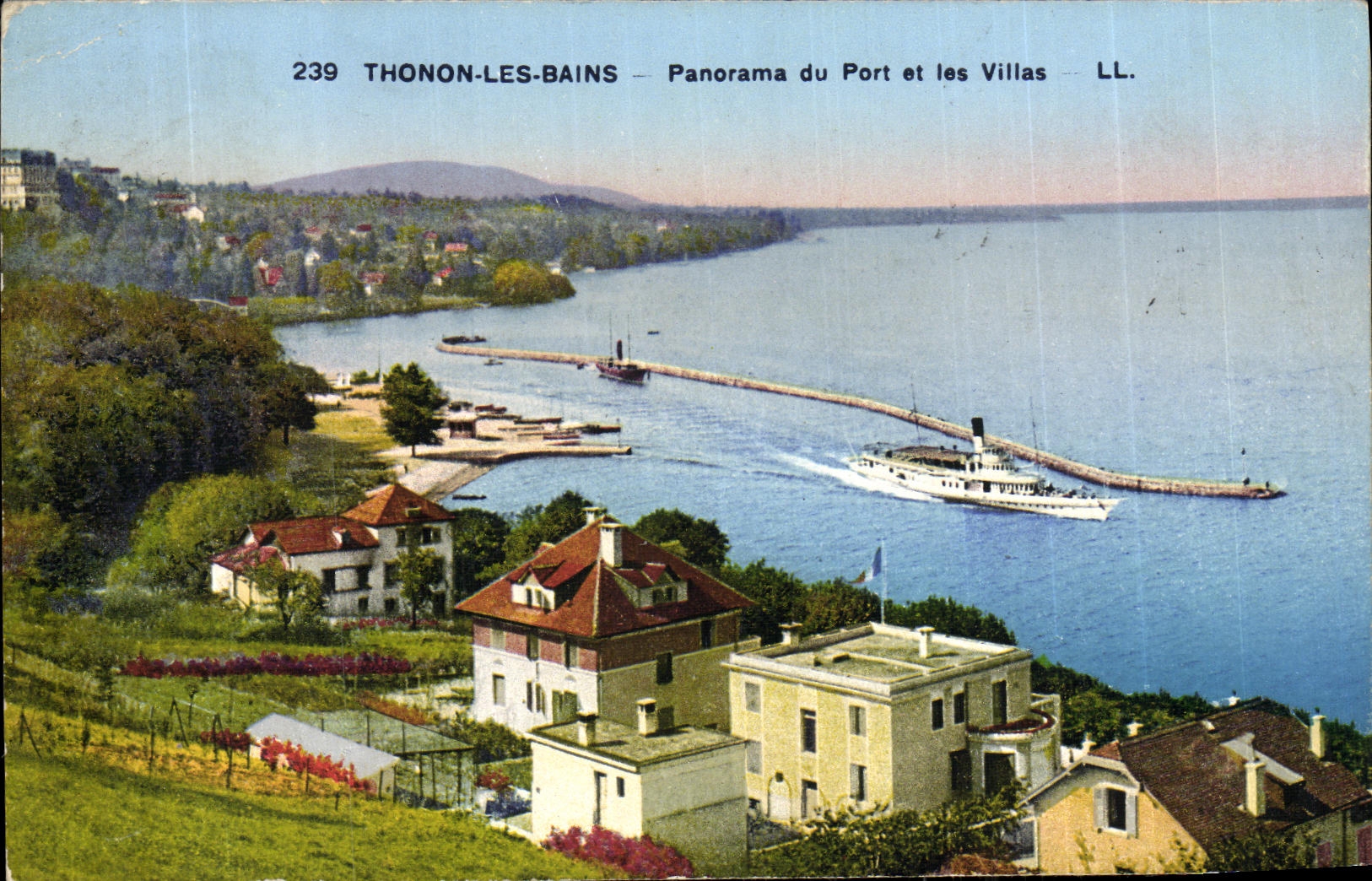 Panorama de Thonon de la POSTAL de la VENDIMIA les Bains del puerto y del barco de los chalets