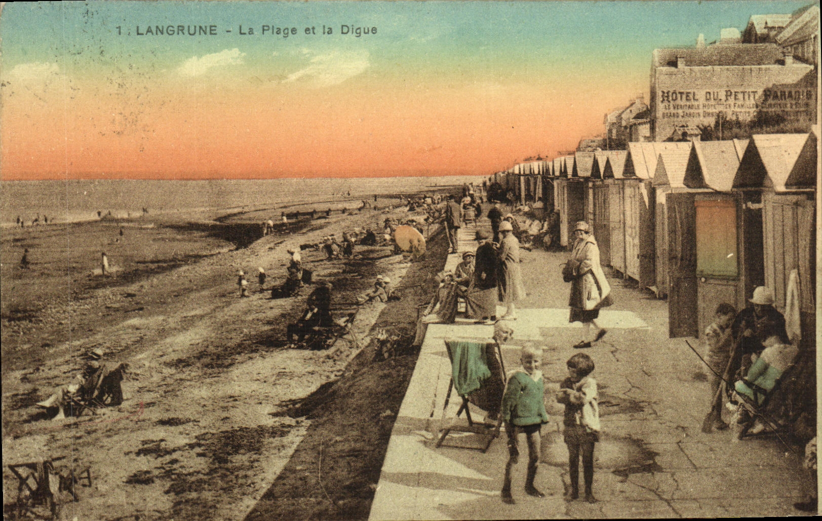 VINTAGE POSTCARD Langrune the Beach and the Dam Children Hotel of the small paradise
