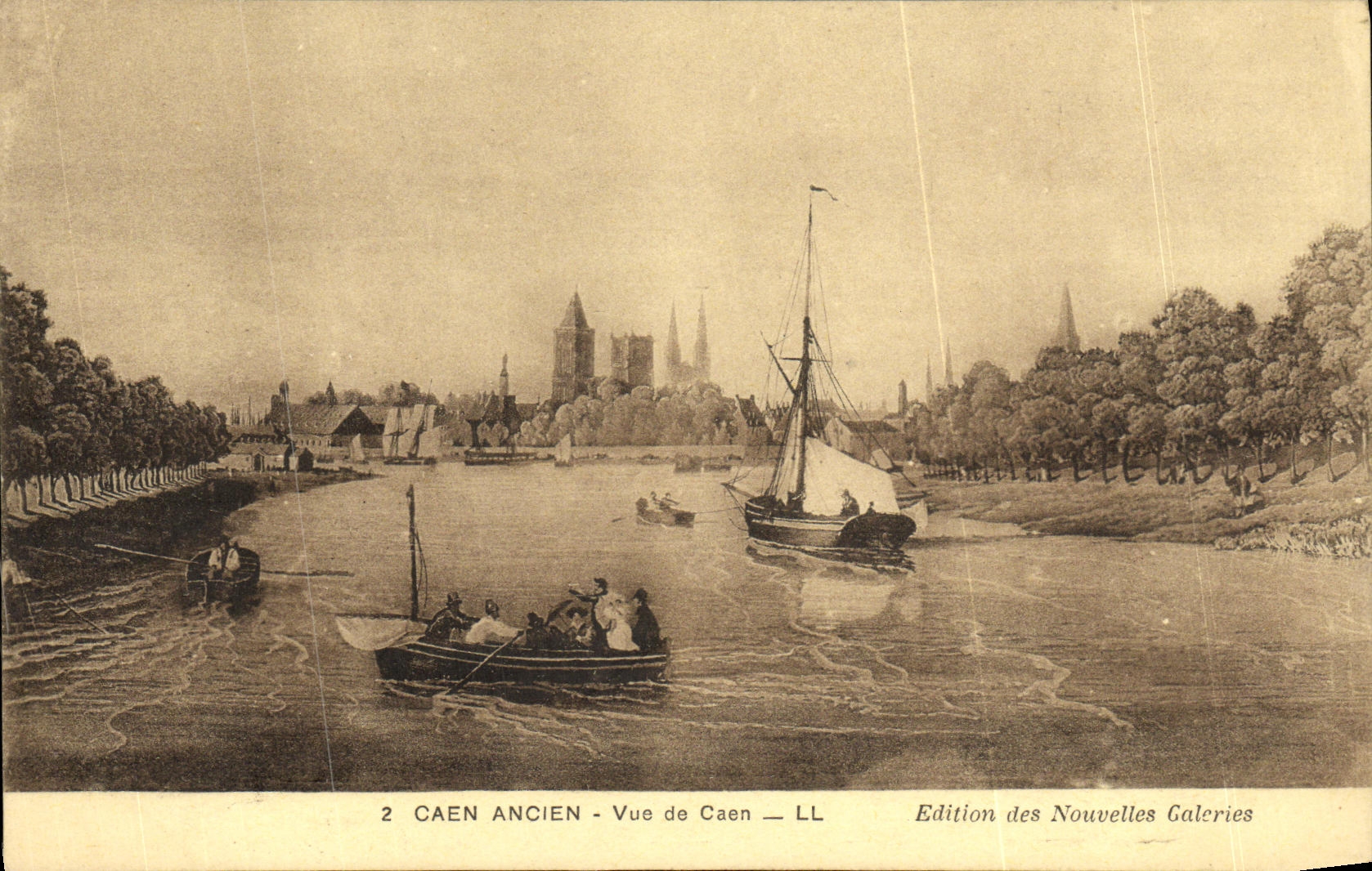Vista de Caen de la POSTAL de la VENDIMIA vieja de los barcos de Caen