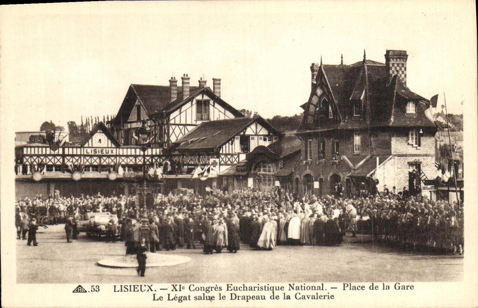 VINTAGE POSTCARD Lisieux 11th Congers Eucharistique National Places station the legate greets the flag of the cavalry