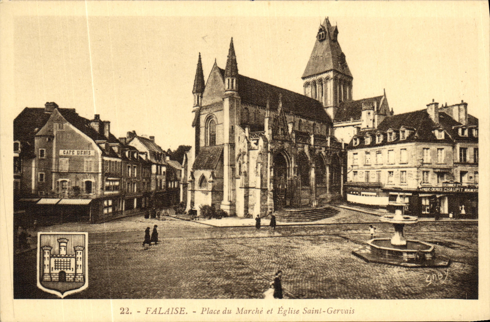 Lugares mercado de Falaise de la POSTAL de la VENDIMIA e iglesia Gervais Saint