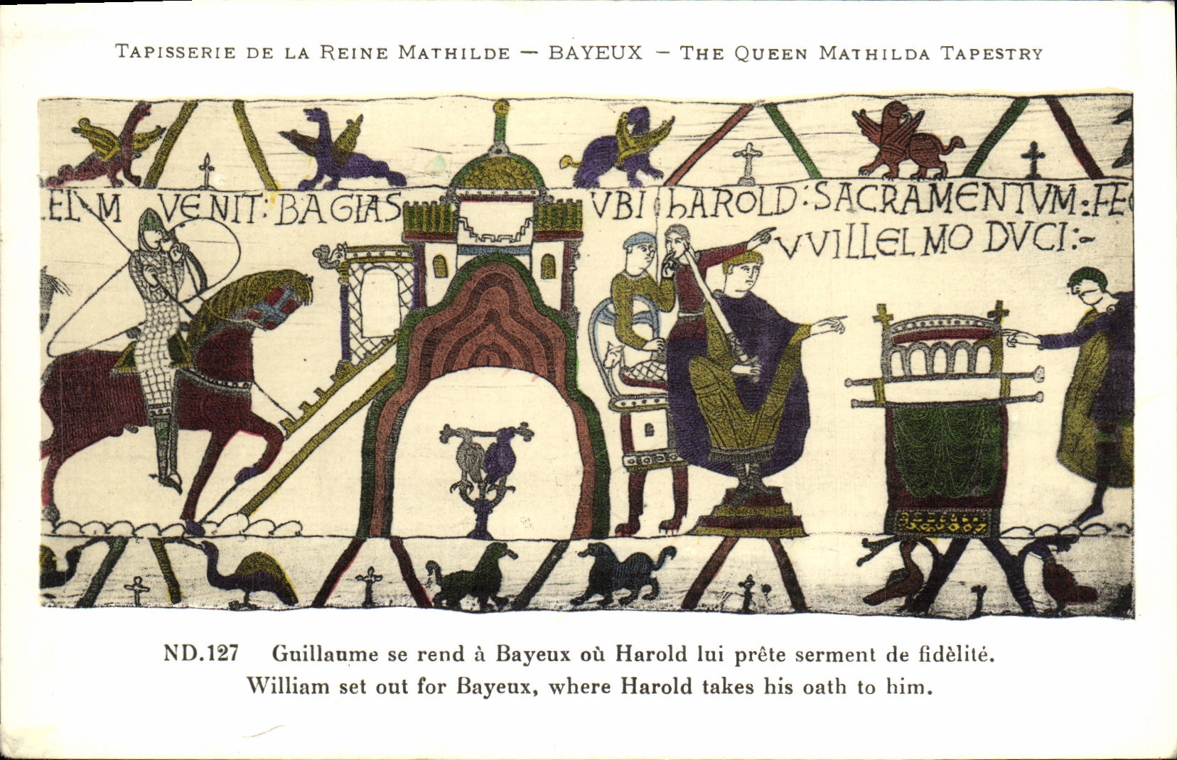 La POSTAL Bayeux Tapisserie de la VENDIMIA de la reina Matilde que va Guillermo tiene Bayeux o Harold presta el juramento de la fidelidad a el