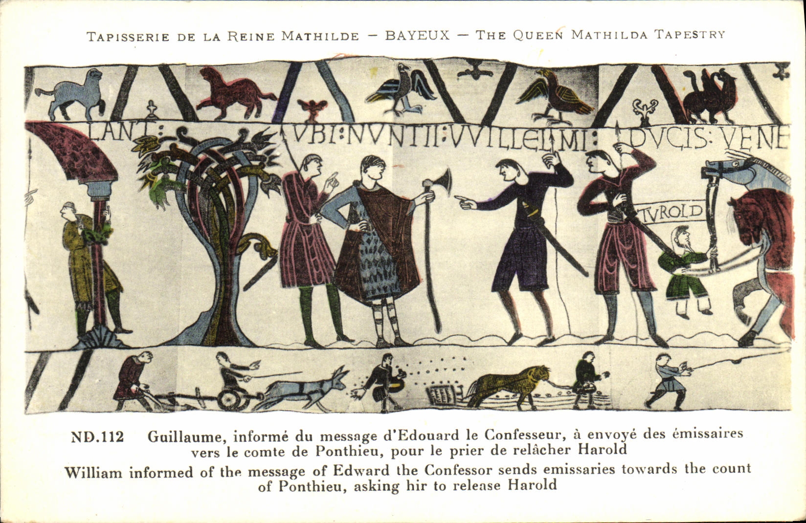 La POSTAL Bayeux Tapisserie de la VENDIMIA de la reina Matilde Guillermo informa el mensaje D Eduardo al confesor
