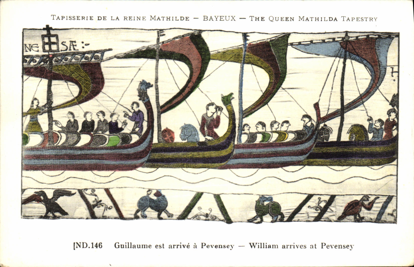 La POSTAL Bayeux Tapisserie de la VENDIMIA de la reina Matilde Guillermo que llega el este tiene Pevensey