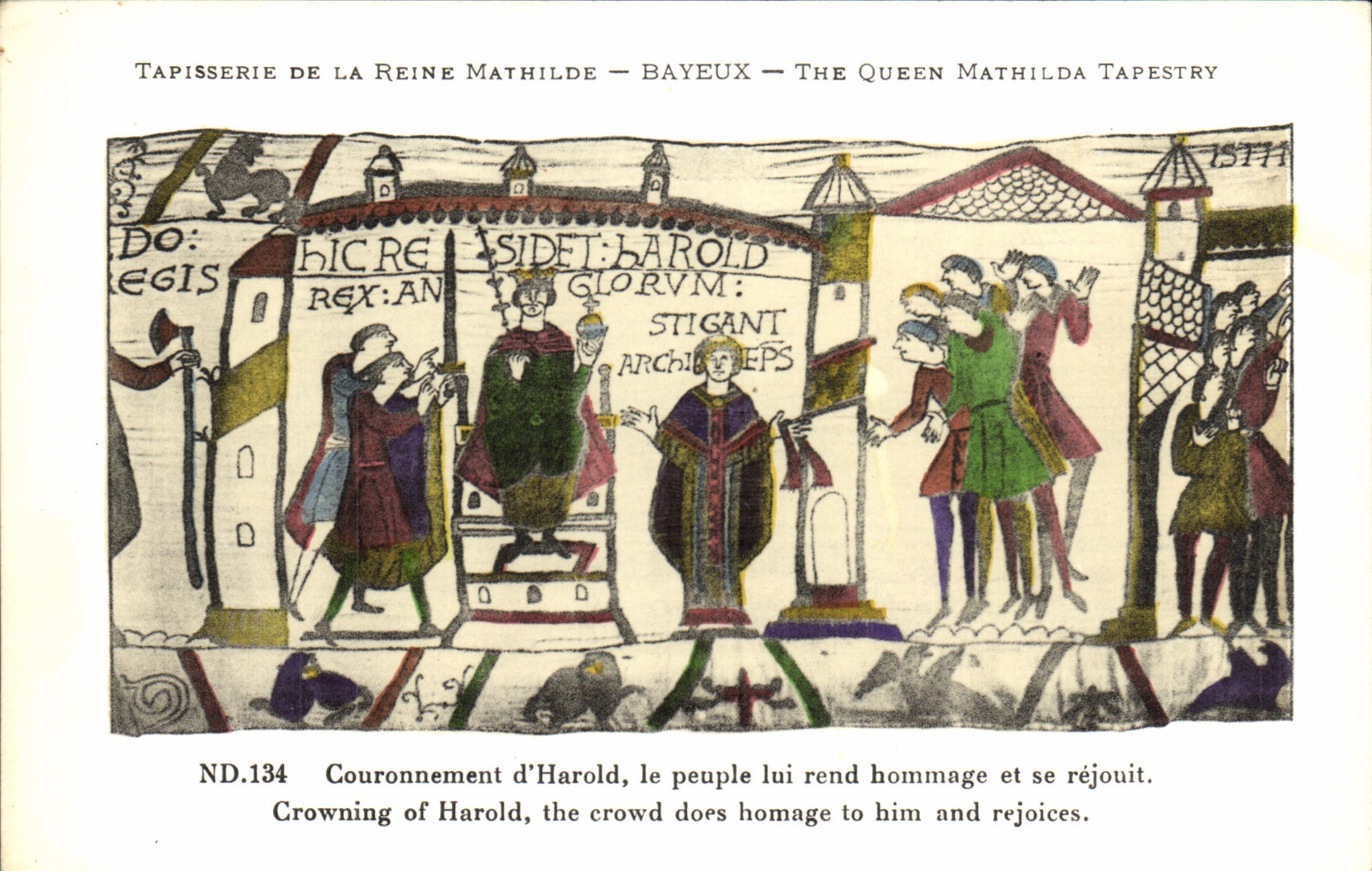 Tapiceria de Bayeux de la POSTAL de la VENDIMIA de la reina Matilde que corona D Harold