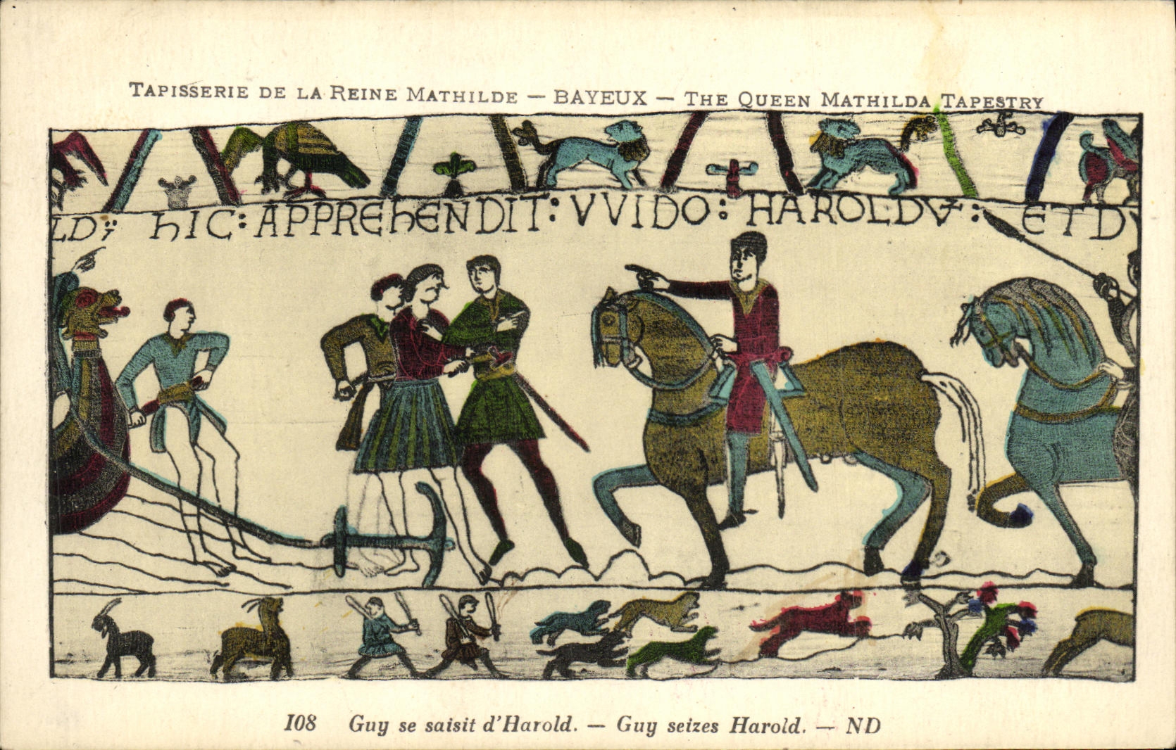 La POSTAL Bayeux TApisserie de la VENDIMIA del individuo de la reina Matilde agarra D Harold