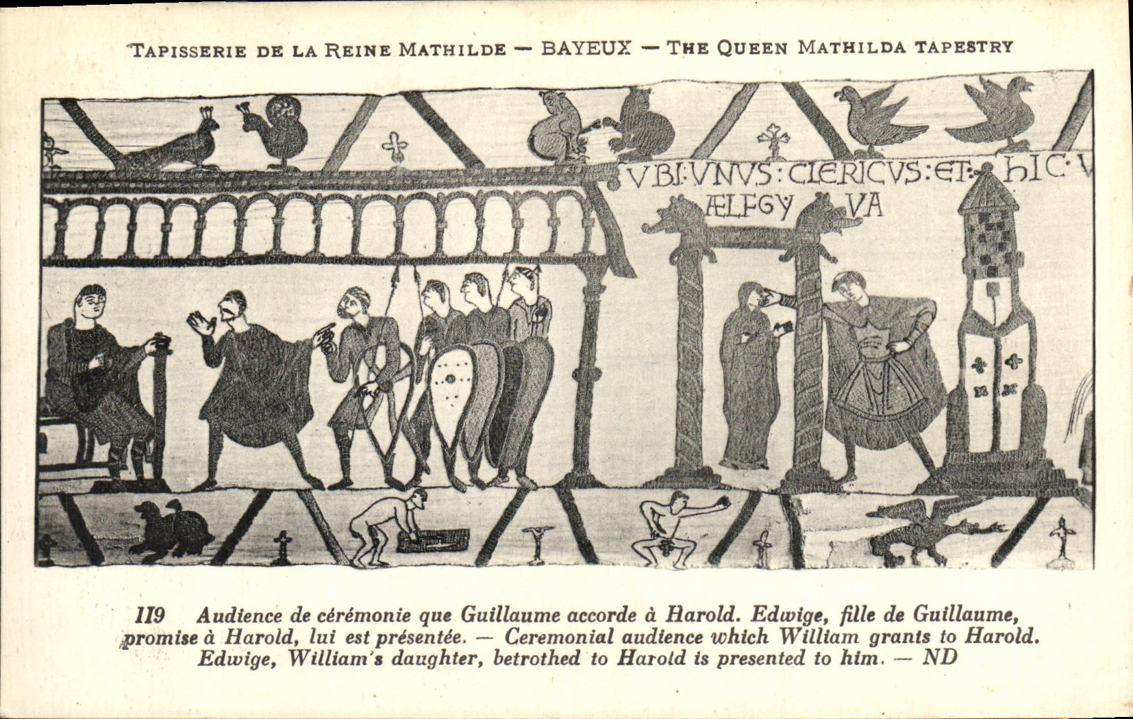 La POSTAL Bayeux TApisserie de la VENDIMIA de la ceremonia de la audiencia de la reina Matilde que Guillermo concede tiene Harold