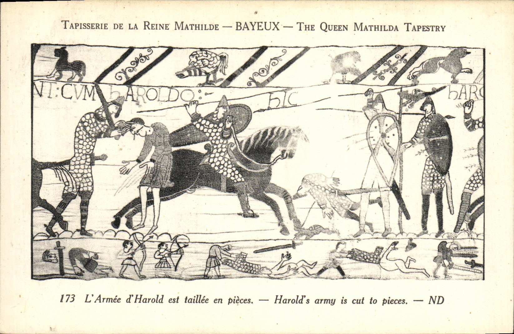 La POSTAL Bayeux TApisserie de la VENDIMIA de la reina Matilde L D armada Harold es taillee en piezas