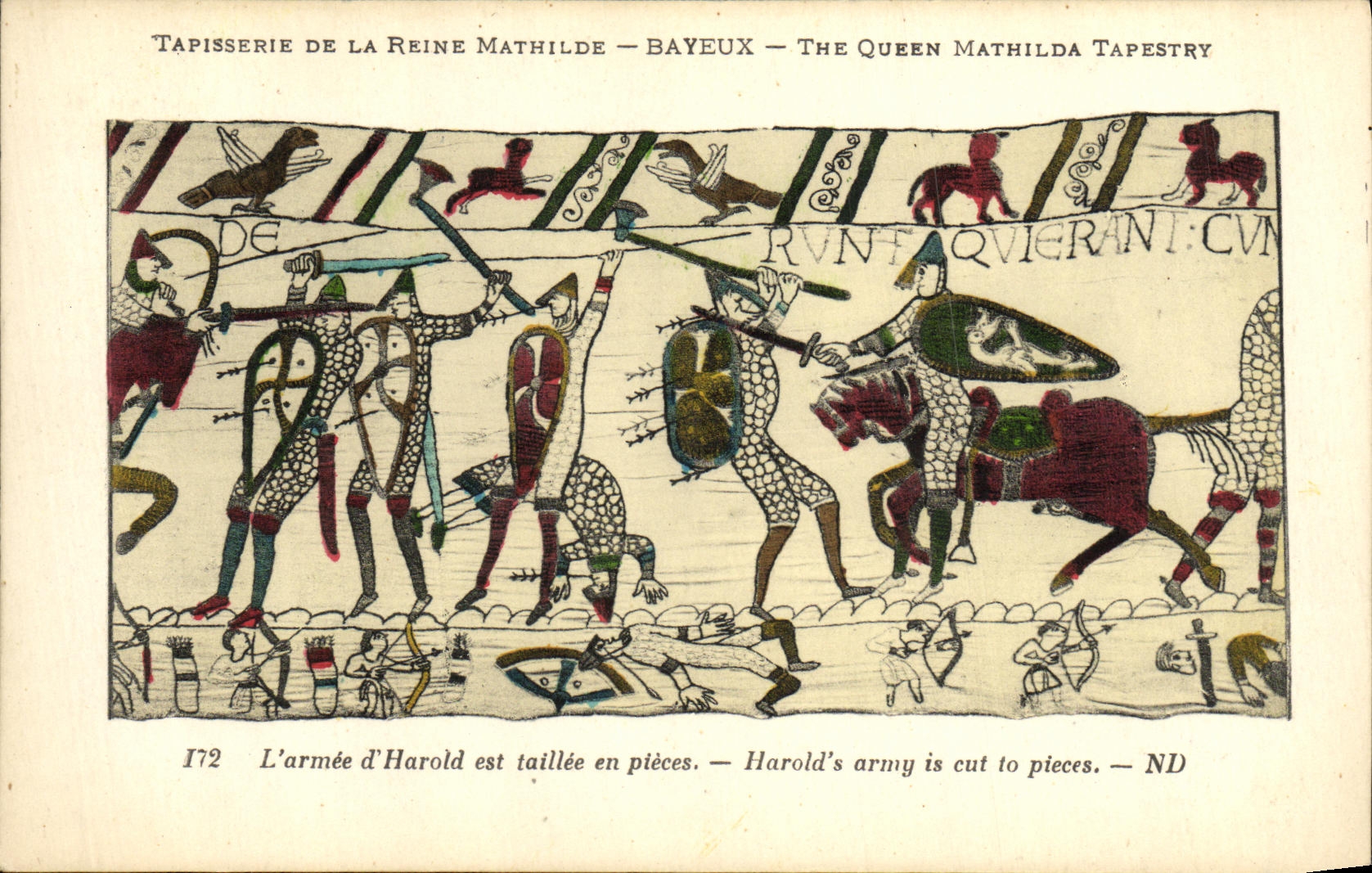 La POSTAL Bayeux TApisserie de la VENDIMIA de la reina Matilde L D armada Harodl es taillee en piezas