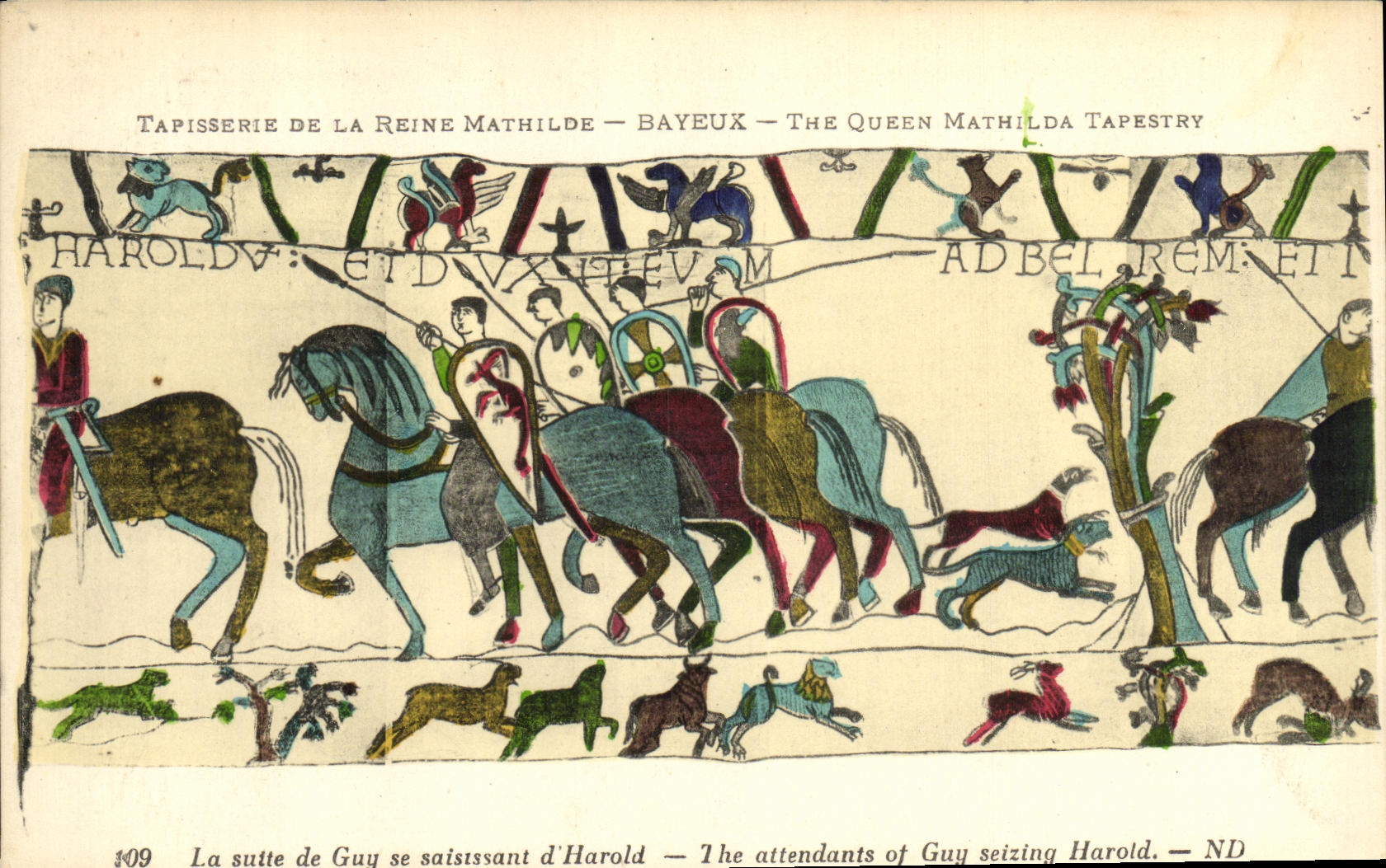 Tapiceria de Bayeux de la POSTAL de la VENDIMIA de la reina de Matilde la continuacion del individuo que agarra D Harold