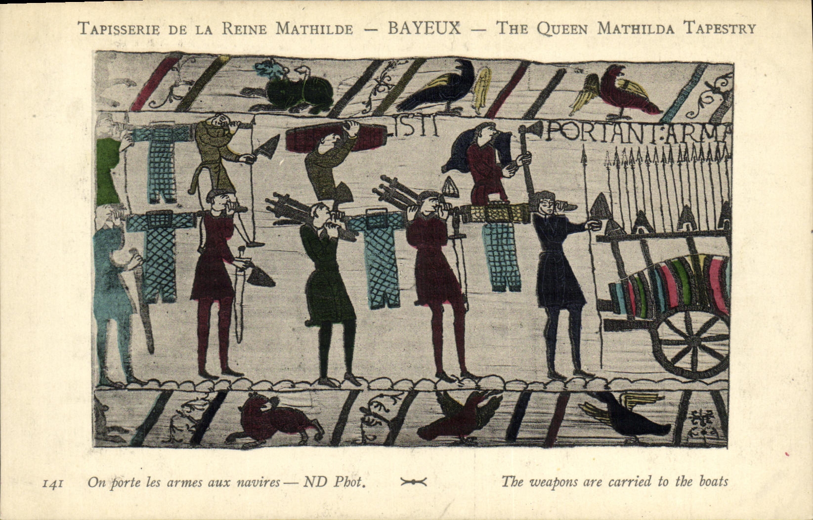 La POSTAL Bayeux TApisserie de la VENDIMIA de la reina Matilde una lleva las armas a las naves