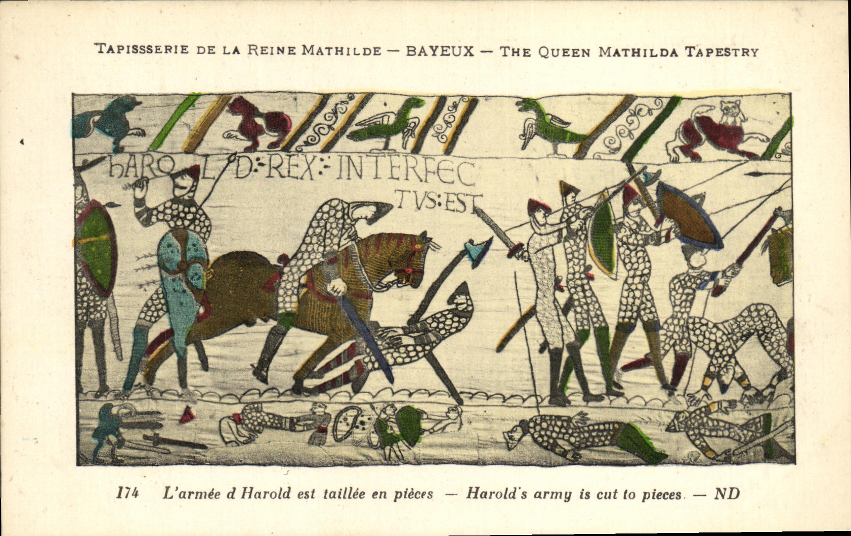 La POSTAL Bayeux Tapisserie de la VENDIMIA de la reina Matilde L D armada Harold es taillee en piezas